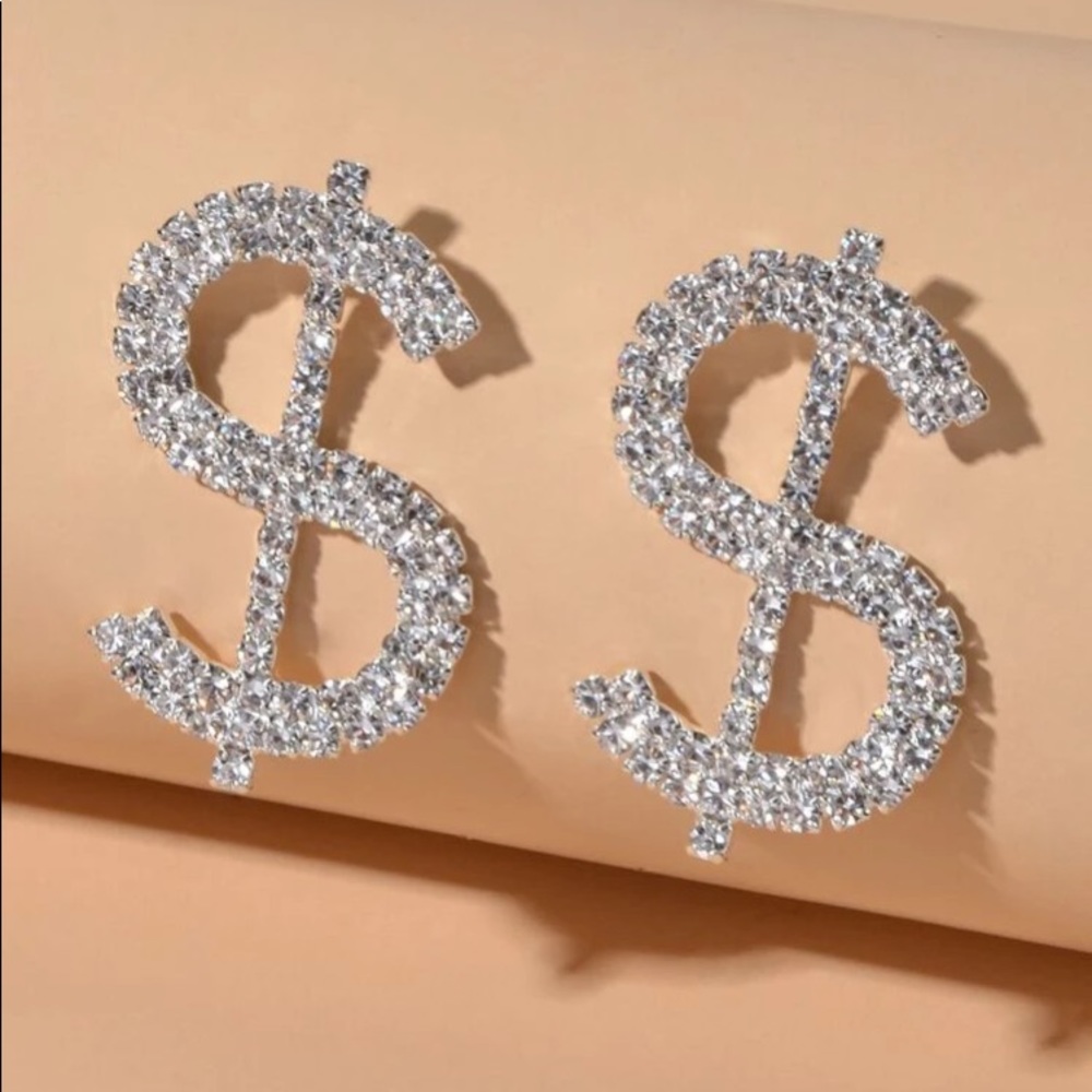 ๐ต Awesome Oversized Rhinestone Dollar Sign Money Earrings ๐ต - Picture 2 of 4